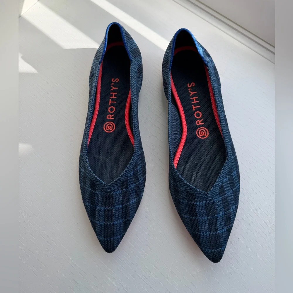 Rothy's The Point Indigo Gimgham Plaid Ballet Flats Shoes Woman’s Size 9.5 W